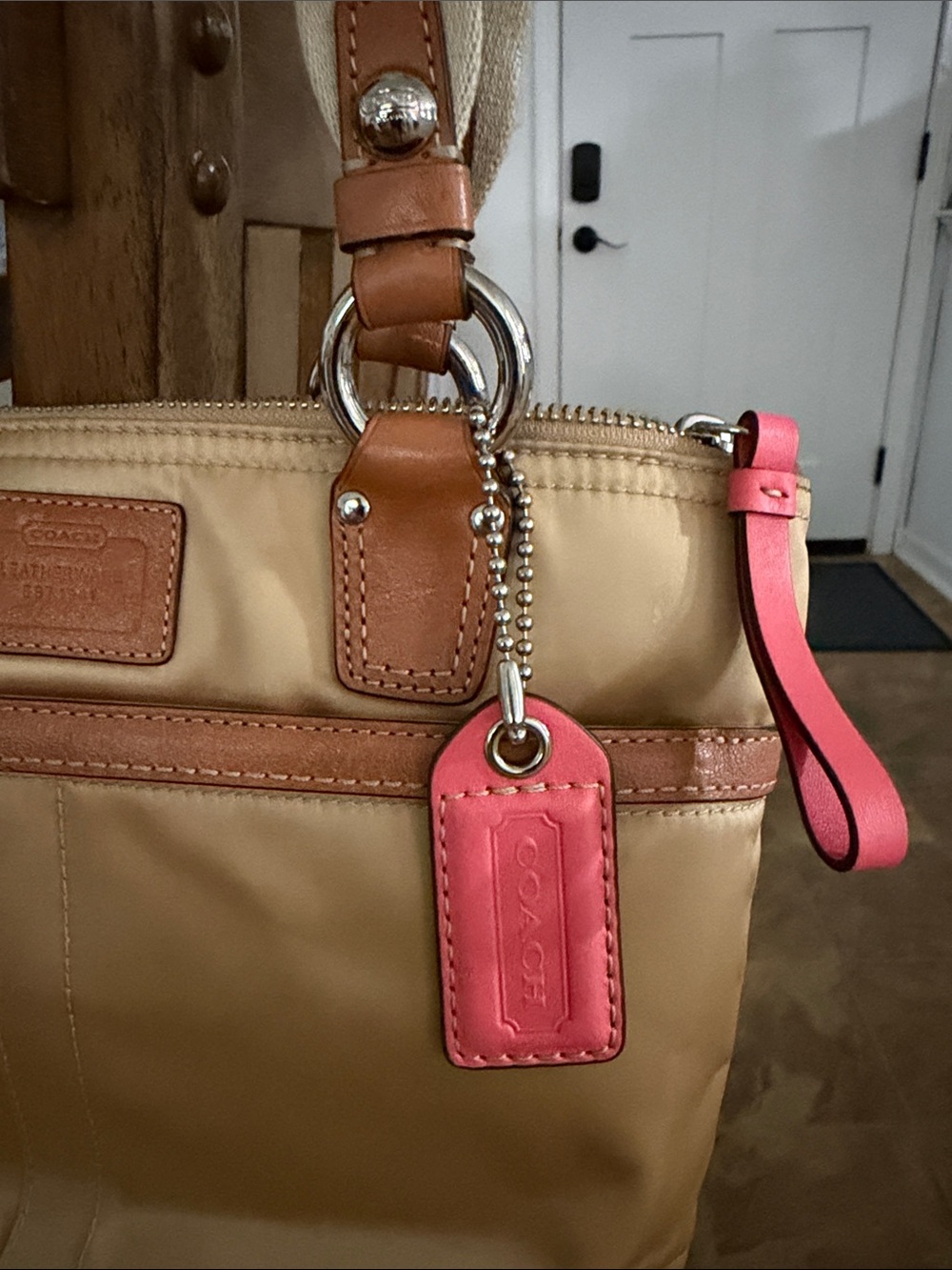 Coach Tan Tote with Pink/Coral Accents - Picture 2 of 8